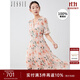 JESSIE【桑蠶絲】雅致印花荷葉邊V領(lǐng)蛋糕連衣裙女春新款 橙色 M