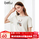 百圖betu女裝夏季新款T恤撞色圓領(lǐng)兔子印花繡花圖案短袖女2406T18 米白 L