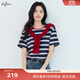 伊芙麗（eifini）伊芙麗2025夏裝新款撞色領(lǐng)彩色條紋T恤女圓領(lǐng)短袖百搭打底衫 藏青 S