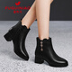 富貴鳥(niǎo)真皮牛皮短靴女秋冬加絨保暖女靴尖頭粗跟時(shí)裝靴 黑色加絨 38