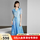 顏域藍色真絲連衣裙2024新款女夏季印花桑蠶絲中長款短袖V領裙子 藍花 S/36