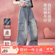 ASK JUNIOR兒童褲子25秋女童工裝褲條紋口袋運動休閑長褲透氣直筒褲青少年