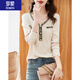 羅蒙（ROMON）T恤女長(cháng)袖2024春秋新款韓版時(shí)尚小香風(fēng)修身輕薄氣質(zhì)t恤打底衫上衣 淺米色 2XL 135-150斤