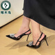 啄木鳥(niǎo)歐美風(fēng)黑色尖頭細跟高跟鞋2025新款水鉆雙B扣性感一字帶后空涼鞋 黑色【6厘米】 37