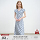 自巧小個(gè)子藍(lán)色斜裁格子連衣裙女2025夏季新款法式短袖中長(zhǎng)裙子 藍(lán)白格 M （4碼）