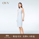 OVV2023春夏新款女裝鏤空蕾絲鑲拼修身中長(cháng)款休閑無(wú)袖連衣裙 淺藍（凈色）07 M