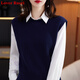 LOVER RUCCI純棉線(xiàn)針織馬甲女圓領(lǐng)套頭無(wú)袖毛衣寬松休閑洋氣外搭短款上衣坎肩 藏藍色 XL