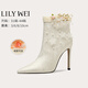 Lily Wei【盈盈情思】印花設計感時(shí)裝靴優(yōu)雅氣質(zhì)細跟短靴大碼 國風(fēng)白【跟高10cm】 單層 36