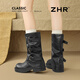ZHR長(cháng)筒靴女美拉德堆堆褲管女靴皮帶扣西部旅游騎士靴子JF321黑色37