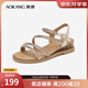 奧康（Aokang）官方女鞋 夏季新款舒適坡跟厚底涼鞋優(yōu)雅氣質(zhì)水鉆一字帶 1244821029米色 37 235mm