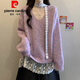 皮爾卡丹（pierre cardin）紫色蕾絲拼接V領(lǐng)針織衫毛衣女款秋季大碼胖mm感掛脖飄帶上衣 紫色【秋季/秋裝/早秋/秋冬/春秋/初秋/冬季/2官方旗艦 L 【100-120斤】