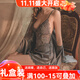 貓惑純欲風(fēng)帶胸墊冰絲睡衣女士吊帶內衣睡裙秋季情趣家居服套裝禮盒裝 灰藍色【吊帶+睡袍】【帶胸墊】 L 【適合95-115斤】
