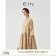 EIN言文藝古著感立領(lǐng)休閑棉麻碎褶直筒八分袖連衣裙秋新款 淺杏 S