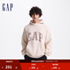GAP男女裝碳素軟磨抓絨格紋logo連帽衛衣上衣609221 米白色 170/92A(M)亞洲尺碼