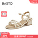 百思圖夏季商場新款時尚氣質(zhì)露趾條帶一字帶粗跟女涼鞋TS501BL4 米色 37