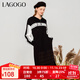 LAGOGO黑白條紋連衣裙女拉谷谷冬季新款A字撞色連帽長(cháng)袖連衣裙 黑白(WV) L 165/40