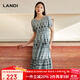 藍地（LANDI）波西米亞風(fēng)印花復古連衣裙女短袖收腰中長(cháng)裙夏新品 葉綠色 M