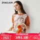 兆君2025春夏桑蠶絲新款藝術(shù)印花針織衫女圓領(lǐng)短袖t恤拼接薄上衣 橘橙色 M