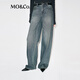 MO&Co.【神褲】牛仔褲2025冬新品棉質(zhì)懷舊洗水燙鉆闊腿褲中腰MBE4JENT08 牛仔藍色 S 26