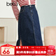 betu百圖女裝2022秋季新款半身裙高腰A型裙子中長(cháng)款開(kāi)叉牛仔半身裙女2208T60 牛仔色 S
