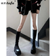 她芙（tafu）品牌女鞋長(cháng)筒靴女2025新款小個(gè)子厚底靴子彈力瘦瘦靴高筒騎士靴 黑色 36