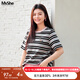 MsShe【全棉】大碼女裝2025夏裝胖mm彩色條紋提花正肩短袖T恤上衣 黑色現貨 4XL