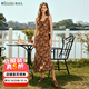 Olrain歐芮兒吊帶碎花連衣裙夏季女裝浪漫優(yōu)雅長(cháng)裙子度假沙灘裙 水仙咖 L