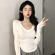多想余長袖t恤女打底衫可外穿洋氣款上衣白色黑色v領(lǐng)內(nèi)搭秋衣修身正肩 v領(lǐng)收腰長袖t恤【白色】 L 建議100-115斤