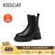 KISSCAT接吻貓2023冬季新款加絨保暖真皮靴子增高時(shí)尚雪地靴女KA43785-50 黑色 加絨 39