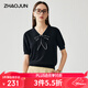 兆君2025春夏桑蠶絲新款V領(lǐng)飄帶針織衫女短袖氣質(zhì)t恤休閑薄款上衣 曜石黑 L