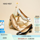 NINE WEST/玖熙高跟鞋粗跟新款真皮通勤方頭金屬扣女士單鞋 米白 37
