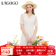 LAGOGO白色初戀感蕾絲連衣裙女拉谷谷夏季新款泡泡袖V領(lǐng)收腰裙子 本白色(V1) S