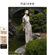 納薇（naivee）新中式旗袍裙斜襟印花改良旗袍短袖修身連衣裙女裝裙子萊賽爾亞麻 米色 M