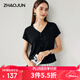 兆君2025春夏新款萊賽爾天絲針織衫女V領(lǐng)短袖假開(kāi)衫純色薄t恤上衣 曜石黑 2XL