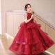 思妙星紅色女童晚禮服輕奢小眾高端女孩公主裙兒童主持人鋼琴演奏演出服 紅色 160