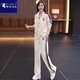 啄木鳥(niǎo)休閑運動(dòng)套裝女2025春秋季新款洋氣減齡立領(lǐng)拉鏈開(kāi)衫直筒褲套裝 杏色兩件套 XL 推薦110-125斤