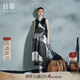 日著原創(chuàng)設(shè)計(jì)女裝2025秋季新款高級(jí)感絲麻印花拼接V領(lǐng)長(zhǎng)連衣裙子 尋黑 S