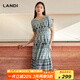 LANDI波西米亞風(fēng)印花復古連衣裙女短袖收腰中長(cháng)裙夏新品葉綠色M