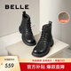 百麗（Belle）七夕禮物舒適馬丁靴女商場款真皮時尚靴B7E2DDD4 黑色-絨里 39 (245mm)