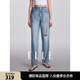 ELLE法式設(shè)計(jì)感寬松破洞牛仔褲女2024夏季新款小個(gè)子顯高復(fù)古褲子 牛仔藍(lán) M