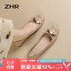 ZHR淺口單鞋女春秋粗跟通勤女鞋優(yōu)雅方扣真牛皮船鞋女 AH378 杏色 37