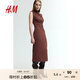 H&M女裝連衣裙2025秋季新款圓領(lǐng)無袖修身顯瘦垂褶高領(lǐng)長裙1265321 深棕色 S 160/88
