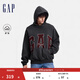 GAP男女裝2025秋季款碳素軟磨抓絨logo美式連帽衛衣情侶裝637863 深灰色 S (165/88A) 亞洲尺碼