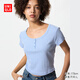 優(yōu)衣庫女裝提花羅紋亨利領(lǐng)印花T恤/短袖辣妹風(fēng)484951 60 淺藍色 L /160/88A