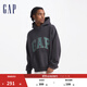 GAP男女裝碳素軟磨抓絨格紋logo連帽衛(wèi)衣上衣609221 灰色 165/88A(S)亞洲尺碼