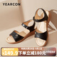 意爾康坡跟涼鞋媽媽鞋中老年皮涼鞋女外穿沙灘鞋 28055W 黑色 38