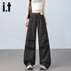 izzueit純棉美式豹紋闊腿牛仔褲女秋季款復古高腰顯瘦設計感寬松直筒褲