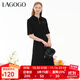 LAGOGO黑色休閑翻領(lǐng)連衣裙女拉谷谷夏季新款氣質(zhì)收腰短袖中長(cháng)裙 黑色(W1) L