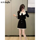 她芙（tafu）品牌女裝法式連衣裙女2025春秋新款撞色長(cháng)袖收腰顯瘦時(shí)尚兩件套裝 黑色 M