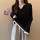 佐敘螺紋V領(lǐng)長(cháng)袖t恤女2025秋季新款設計感小眾拼色正肩寬松顯瘦打底衫 黑色 均碼 （90-120斤）